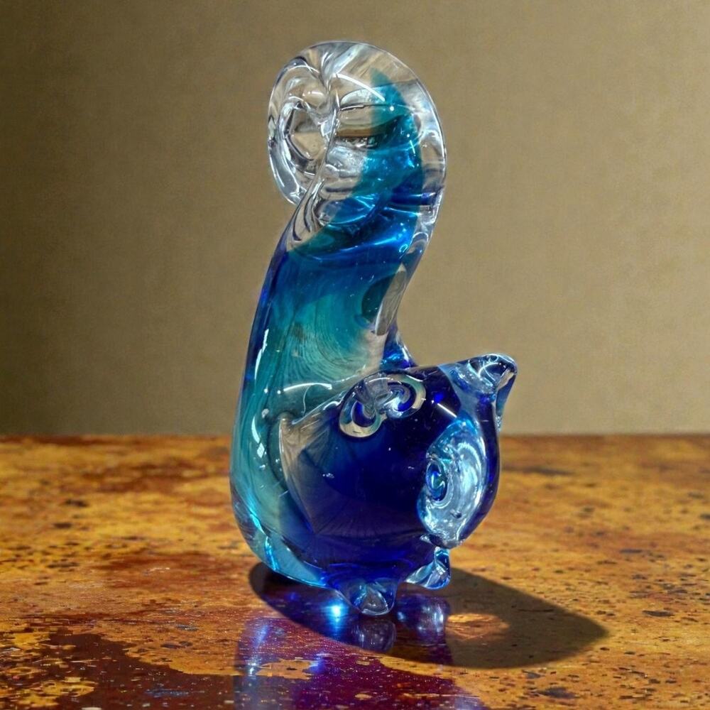 Vintage Murano Style Blue Art Glass Squirrel Figurine Paperweight 4" Cobalt Aqua